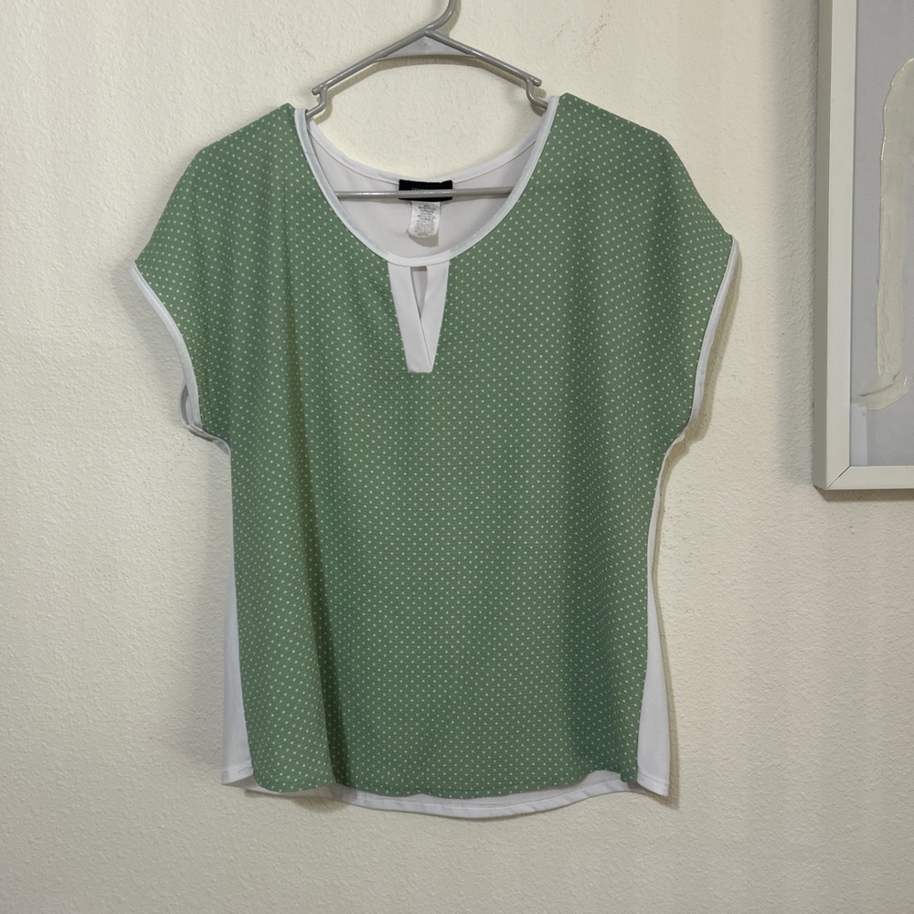 ESPRESSO Sage Green Polka Dot Colorblock Keyhole Blouse PL